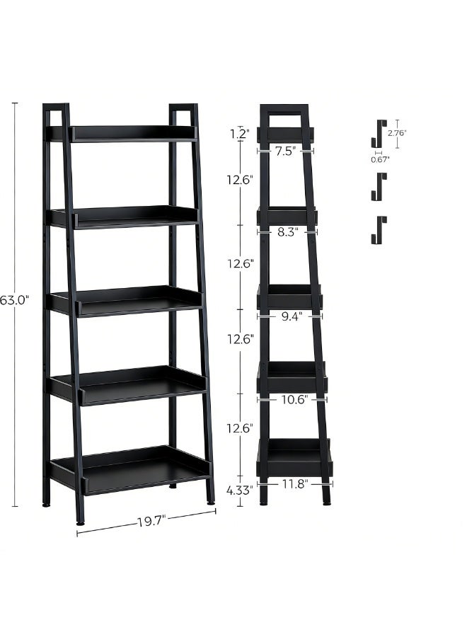  CityRiya-Long رف تخزين من 5 طبقات، رف كتب، خزانة كتب سلم، أرفف مطبخ كبيرة، رف كتب صناعي، رفوف وحدات للمكتب المنزلي، منظم رف تخزين العرض لغرفة النوم، غرفة المعيشة، (أسود) - Image 3